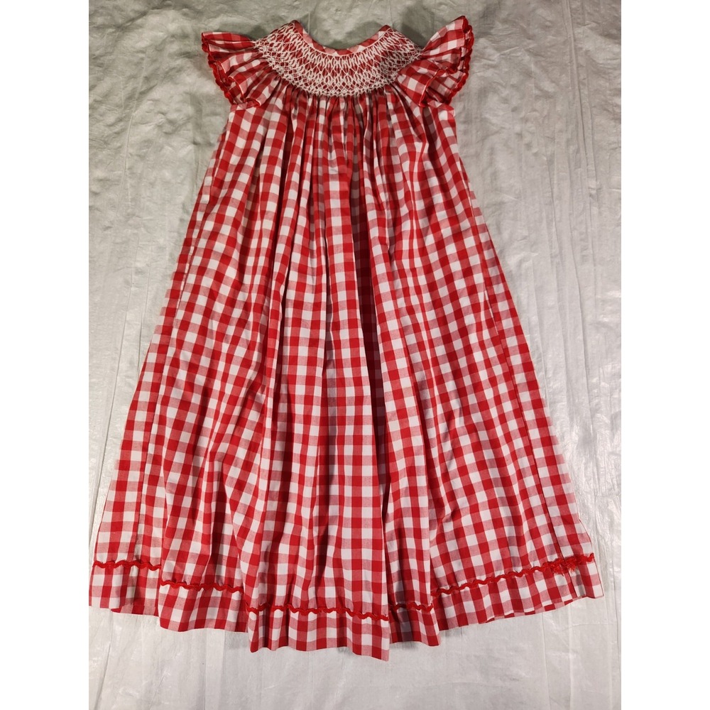 Vintage Girl Smocked Auctions Red White Gingham Dress 7
